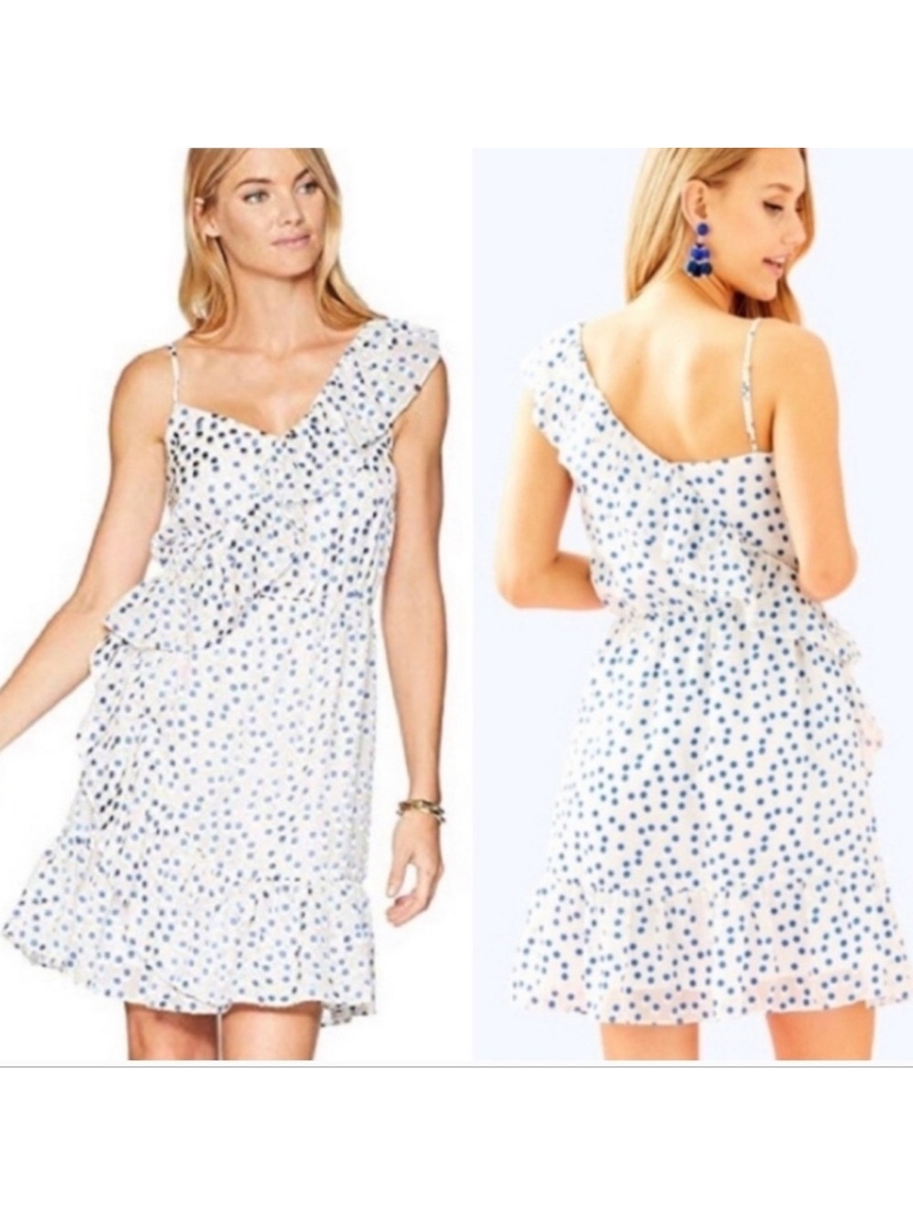 Lilly Pulitzer Madelina Ruffle Asimetric Dress Blue Polka Dot